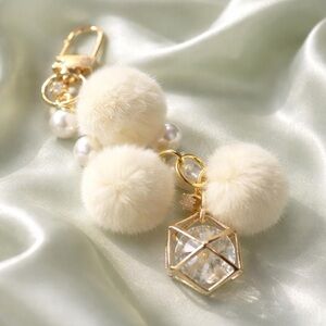 BNEW Cutest handmade Cream Faux Fur Pom Pom Keychain with Gold & Crystal Charm